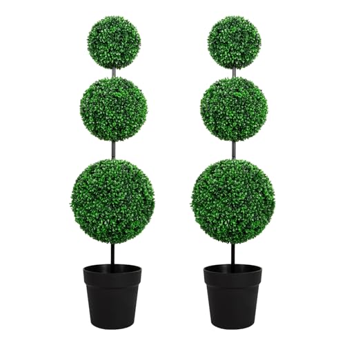 VIVATREES 4FT Artificial Triple Ball Topiary Trees with Black Planter Pot, Outdoor Indoor Realistic Faux Shrubs Plants, Fake Trees for Home Offices Porch Decor, Set of 2