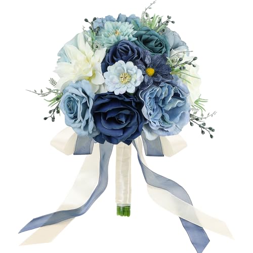Wedding Bouquets for Bride Bridesmaid 8.5 Inch Dusty Blue Artificial Roses Flowers Bridal Bouquets for Bride Wedding Marriage Proposal Party Church Decoration - color: Blue