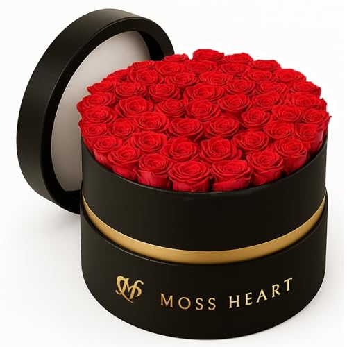 50 Petite Preserved Roses, Designer Round Box, Real Forever Roses Last 1+ Year, Premium Gift for Women, Wife, Girlfriend, Mother’s Day, Birthday, Anniversary, Valentine’s Day - color: Red, size: 50 Roses
