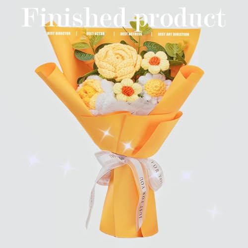 Crochet Flowers,Crochet Rose Flower, Crochet Bouquet Packaging Flowers Suitable for Table Decoration, Gifts for Mom,Women,Girlfriend Mother‘s Day,Valentine's Birthday Wedding Gift (Yellow) - color: Yellow