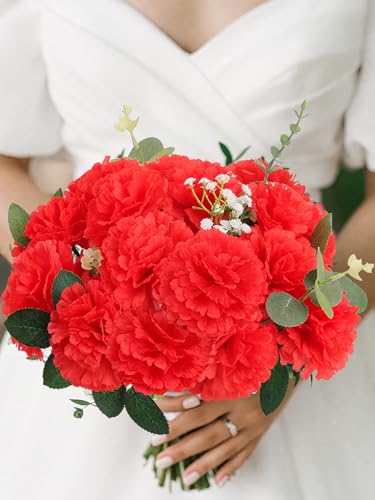 LELEE 108pcs Carnation Head Flowers with Stem - Red Artificial Flowers Carnation Bulk - Silk Carnations Fake Flower for Wedding Bouquet DIY Baby Shower Centerpieces Grad Party Tables Memorial Decor - color: Red