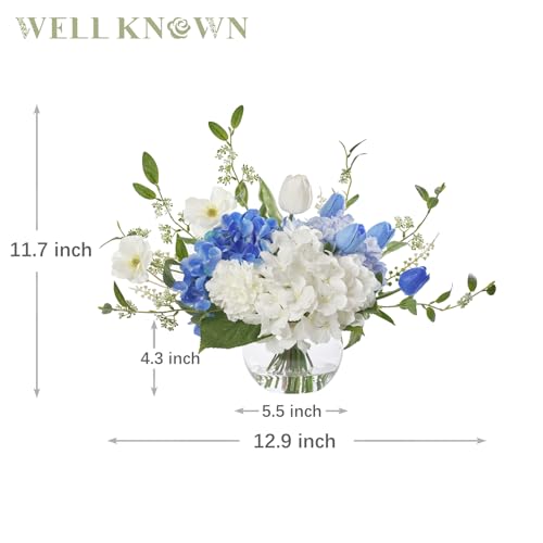 WELL KNOWN Artificial Flowers with Vase, Silk Hydrangea Bouquet and Peonies in Vase with Faux Water for Home Decor, Fake Tulips Flower Arrangements for Birthday Wedding Party Table Centerpieces (Blue) - color: Blue & White Mixed