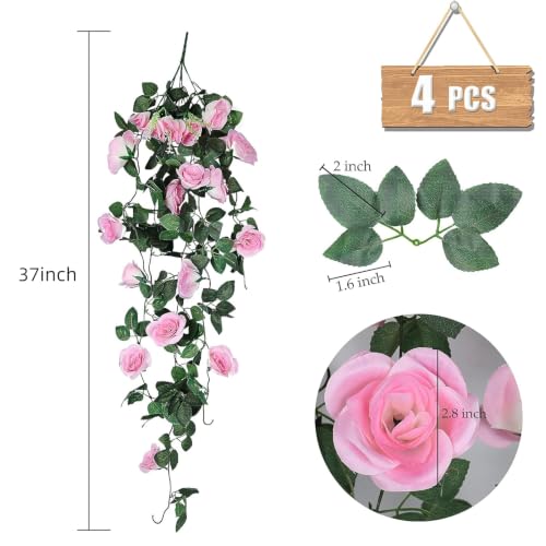 RECUTMS Artificial Pink Roses Fake Hanging Flower Plants, 4 PCS 37 Inch Silk Floral Ivy Garlands for Outdoors Home Room Garden Wedding Bridal Shower Friendship Valentine’s Day Indoor Party Decoration - color: Pink, size: 4pcs