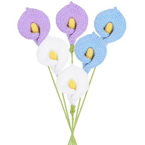 M METERXITY 6-Pack Crochet Flowers, Knitted Artificial Wool Calla Lily for Mother's Day/Wedding/Birthday/DIY Decor, Handmade Knitted Flowers [White, Purple, Blue] - color: White, Purple, Blue