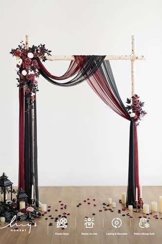 Ling's moment Black Red Artificial Wedding Arch Flowers Kit Pack of 4, 2pcs Hanging Flower Arrangement 2pcs Chiffon Drapes Ceremony Reception Fake Rose Arbor Backdrop Floral Party Outdoor Decorations - color: Blk-black & Burgundy