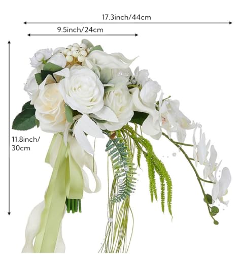 9.5 Inch White Cascade Bridal Bouquet for Bride with Artificial Rose Phalaenopsis Flower and Pearls Cascading Bridal Bride Wedding Bouquet Flower Wedding White and Champagne - color: White & Champagne
