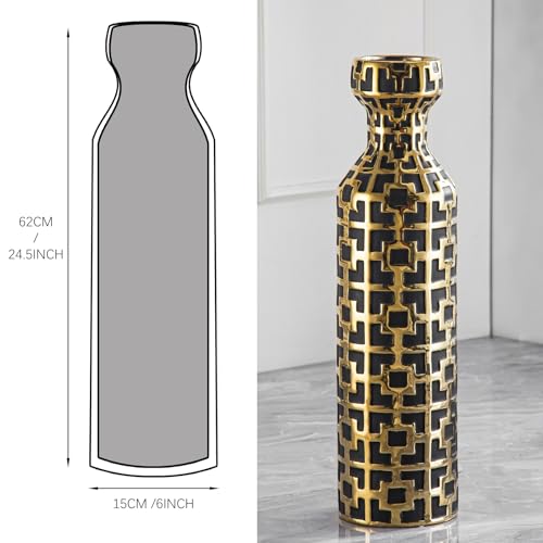 Pair of 24.4" Tall Ceramic Cylinder Vases with Geometric Gold Accents, Large Flower Vase, Decorative Vase - Modern Black & Gold Floor Vases for Living Room, Entryway Decor (Set of 2) - color: Black With Gold Set of 2