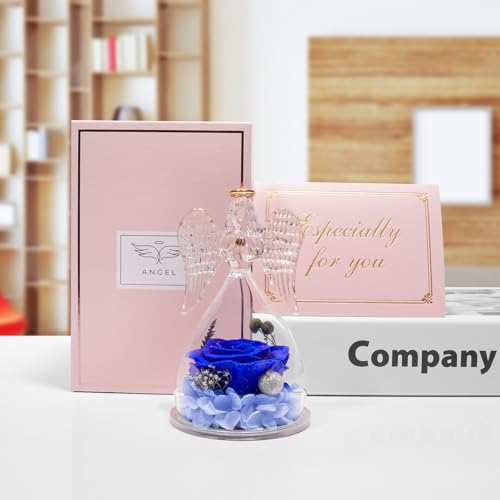 Miofula Gifts for Mom Birthday Gifts for Women, Preserved Flowers Rose in Glass Angel Figurines, Fresh Flowers for Delivery Anniversary Forever Real Roses Gifts for Mothers Grandma Her Wife Girlfriend - color: Blue