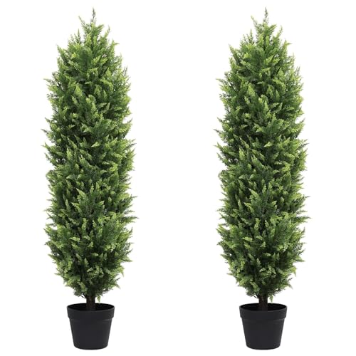 THE BLOOM TIMES 4FT Tall Artificial Cedar Topiary Trees Set of 2, UV Resistant Large Faux Cypress Evergreen Plants for Outdoor Planters, Realistic Fake Bushes & Shrubs for Front Porch Decor - color: Lush Cypress Trees, size: 4 Foot