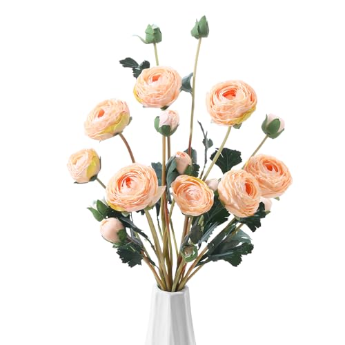 6Pcs Realistic Silk Champagne Ranunculus Artificial Flowers Long Stems, 23.6" Tall Fake Flowers Faux Flowers Suit for Year-Round Home Decoration, Wedding, Bridal Bouquets, Office - color: Champagne