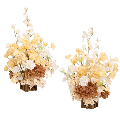 Ling's moment 17.5" Tall Standing Artificial Flowers Arrangements 2 pcs Wedding Aisle Runner Chair Decorations Earth Brown & Butter Yellow Centerpieces for Ceremony Reception Rose Floral Party Outdoor - color: Brn- Earth Brown & Butter Yellow