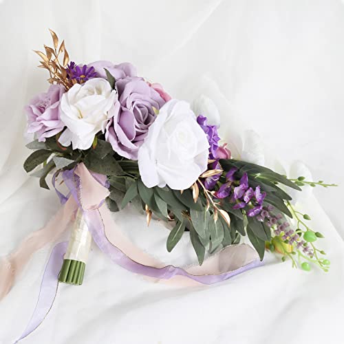 Bridal Bouquets for Bride, 11 Inch Artificial Flowers Bridal Bouquet Cascading Wedding Bouquets for Bride for Wedding Ceremony and Anniversary(White Purple) - color: White Purple