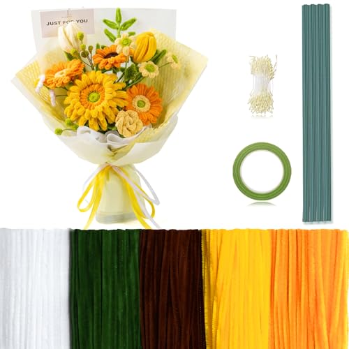 Peryiter 371 Pcs Pipe Cleaners Flowers Kit, Pipe Cleaners Chenille Stems Bulk with Floral Wire Gardening Tape Stamen, Fluffy Limpiapipas para Flores for DIY Mother's Day Decor(Orange) - color: Orange