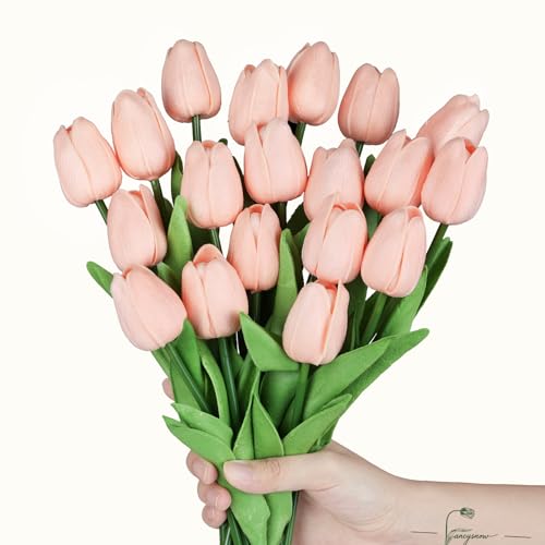 20Pcs Real Touch PU Pink Tulips for Allergy-Free Home Decor | Bendable wire stems & easy-clean PU petals. Ideal faux floral centerpiece for spring tables, weddings & pet-safe homes - color: Light Pink-20
