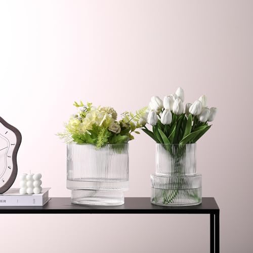 Ribbed Glass Vases, Set of 2 Fluted Vases for Flowers, Clear Vase for Tulips, Modern Glass Vase for Living Room, Dining Table, Office, Entryway, Mantle, Bookshelf, Wedding Gifts - color: Clear, size: Ribbed + Oval (2-Pack)