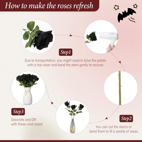 Hotop 40 Pcs Rose Artificial Flowers Bulk with Long Stem,Realistic Silk Fake Roses Bouquet for Home Wedding Centerpieces Party Table Decoration Valentines Gifts(Black) - color: Black