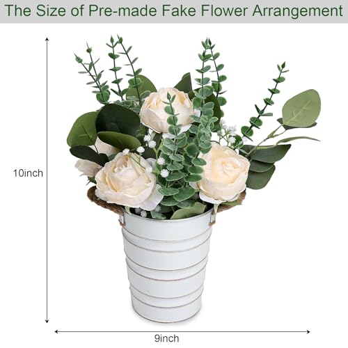 Artificial Flowers in Pot - 10 Inches Pre-Made Large Faux Silk Rose Floral Greenery Table Centerpieces with Rustic Tall Metal Vase for Farmhouse Home Decoration - Champagne - color: Champagne, size: 1 X Flowers Table Centerpiece