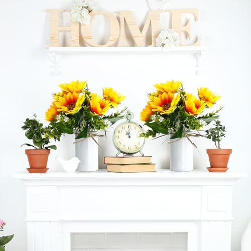 SiliFine 12 Sets Sunflowers Centerpieces for Tables Artificial Sunflower with Vase Rustic Yellow Fake Flower for Wedding Decor Spring Summer Picnic Centerpieces Home Kitchen Shelf Decor (White) - color: White