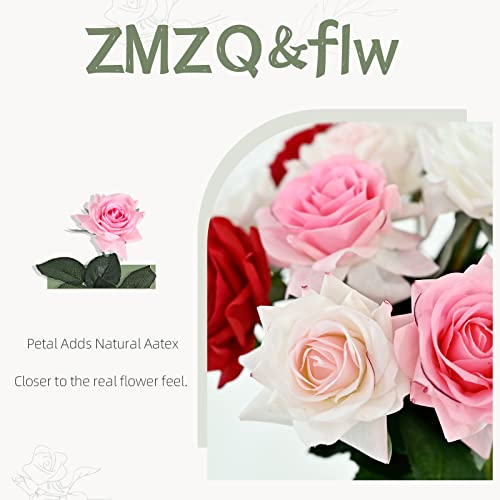 ZMZQ&flw Roses Artificial Flowers 12PCS, White Red Pink Mix Real Touch Silk Flowers, Realistic Single Fake Flower with Individual Stems Leaves - color: Mixed Colors 12pcs