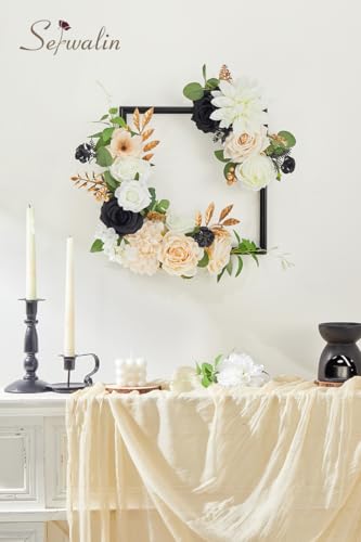 Serwalin Artificial White & Black & Champagne Flowers, Silk Fake Flowers for DIY Wedding Bouquets Cake Flowers, Table Centerpieces Baby Shower Birthday Party Home Decorations - color: White & Black & Champagne, size: Grand