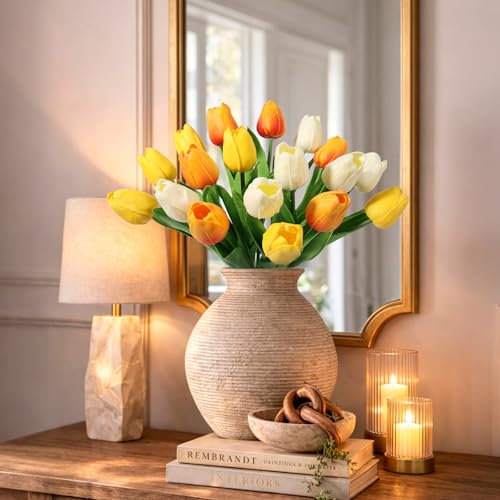 Beferr 18pcs Tulips Artificial Flowers Faux Tulip Real Touch Tulip Fake Flowers Bouquets Arrangements for Mothers Day Spring Easter Wedding Home Table Decor Blush - color: D-18pcs-3colors-colorful-5, size: 18PCS