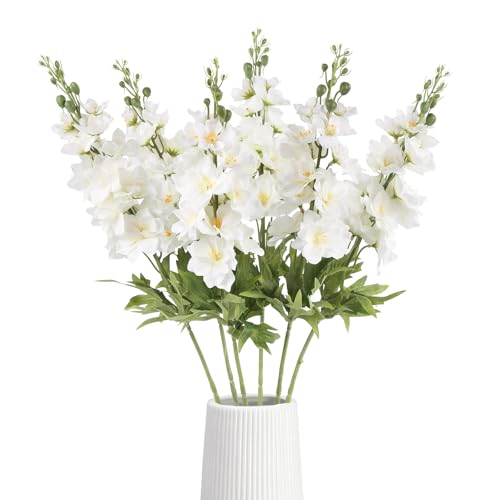 IPOPU White Delphinium Artificial Flowers,6PCS Silk Larkspur Artificial Flowers 28.74'' Realistic Faux Delphinium Stems for Wedding Garden Table Home Decor (White) - color: White