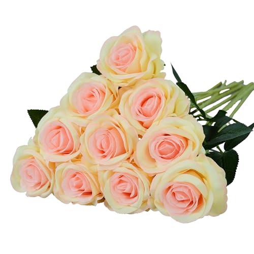 10 Pcs Champagne Rose Artificial Flower, Faux Silk Flowers With Long Stems, Fake Roses Bulk Bouquet for Decoration Valentine's Day Centerpieces Proposal Bridal Bouquets Shower Party Home Floral Decor - color: Champagne
