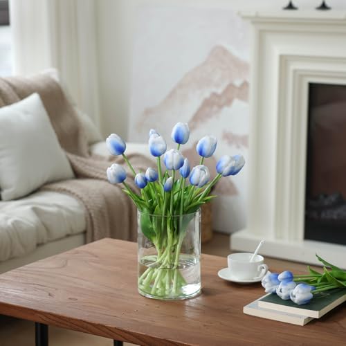 mizii 15Pcs Blue Tulips Artificial Flowers Latex Plastic Real Touch Fake Tulips Flowers Look Real Faux Tulip Flower Bouquet Decoration for Vase Room Table Centerpieces Home Decor (White Blue) - color: White Blue