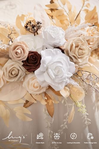 Ling's Moment 9FT Flower Garland for Backdrop Decorations - Wedding Arch Flowers, Eucalyptus & Rose, Artificial Floral Garland for Mantel - Sweetheart Table Decor for Ceremony Reception, White & Beige - color: Wht-white & Beige