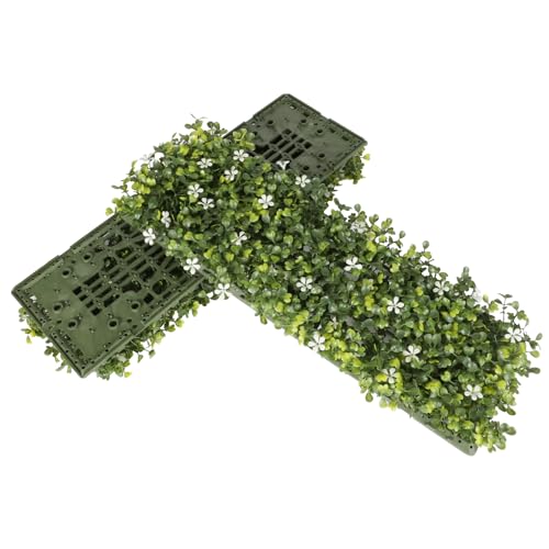 E&K 6 PCS 18"x6" Artificial Plant Panels with Single Side White Flowers Panels Hard Back Faux Leaf Greenery Grass Wall Decoration for Indoor Outdoor - color: Green White, size: 18"x6"