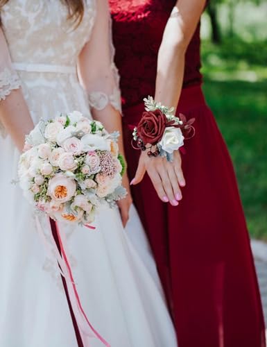Set of 2 Wrist Corsage Wristlet for Wedding Bridesmaid Mother Grandmother for Bridal Shower Wedding Artificial Roses Flower Prom (Burgundy) - color: Burgundy