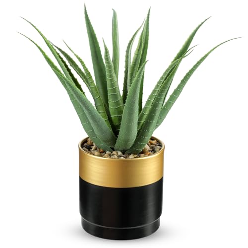 Briful Succulents Artificial Plants Realistic Agave Plant, Gold Black Metal Pot, Farmhouse Aloe Vera Fake Plants for Home Office Desk Bathroom Shelf Decorations - color: Green Agave Gold Black Vase