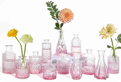 UPBUD Glass Pink Bud Vases Set of 12, Mini Flower Valentine Vase for Centerpieces, Small Vases in Bulk for Wedding Decorations, Vintage Vase for Table, Home Décor - color: Standard-pink, size: 12pcs