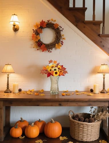 BLOSMON Fall Flowers Artificial for Decoration: 2 Pcs Fake Sunflower Maple Leaf Flower Balls for Thanksgiving Table Centerpieces - Faux Autumn Floral Arrangements for Home Decor