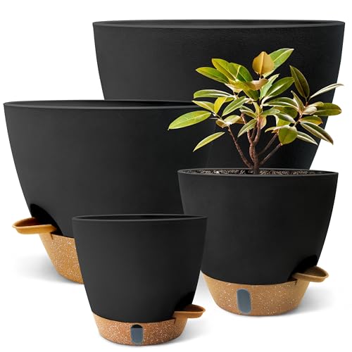 12"/10"/9"/8" Self Watering Pots with Visual Water Window,Extra Large Self Watering Plant Pots with Drainage Holes & Saucers,Black Planters for Indoor Plants,4-Pack - color: Black