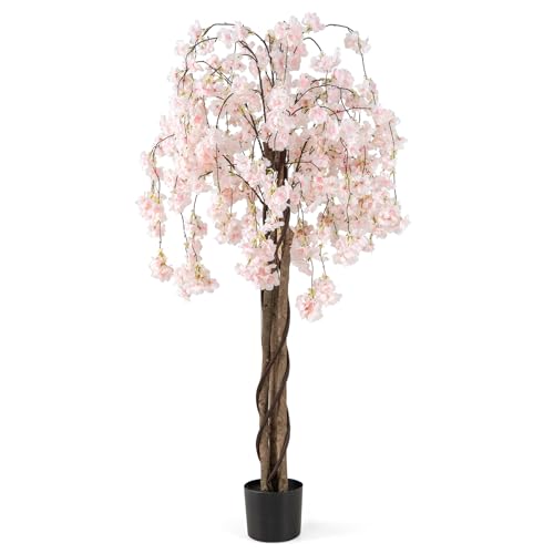 Goplus 5.5FT Artificial Cherry Blossom Tree, Fake Flower Tree, Faux Floral Plant Blooming Tree in Nursery Pot with White Flowers, Tall Potted Artificial Tree for Indoor Home Office Porch Decoration - color: White, size: 1 Pack
