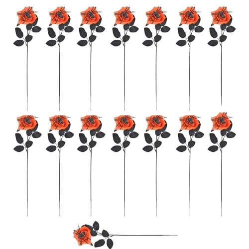 Halloween Artificial Flowers, 15 Pcs, Rose and Spider Design, Bendable Stems, Silk Orange Black Decor for Parties,