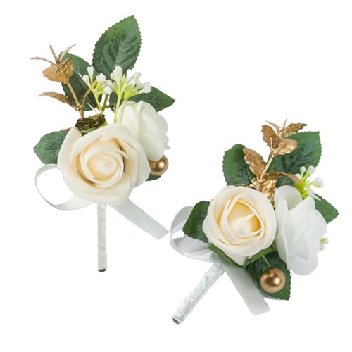 Set of 2 Ivory Rose Boutonniere for MenWedding, Groom Groomsman Artificial Flowers for Wedding Anniversary Celebration,Prom,Party,Home Decoratio (Ivory) - color: Ivory