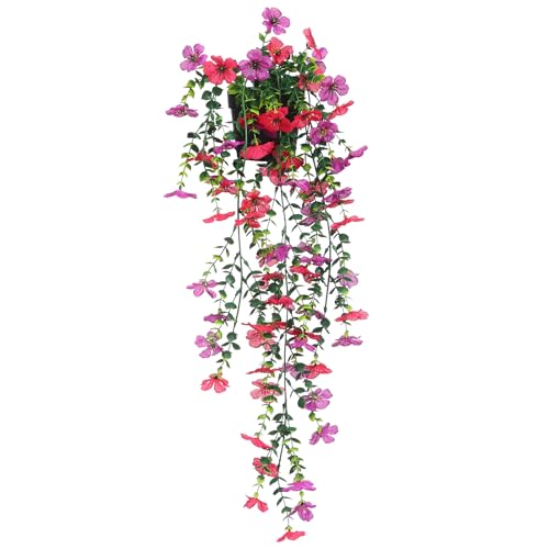 Fake Plants Hanging Artificial Potted Faux Eucalyptus Plants and Flowers for Modern Boho Farmhouse Bathroom Office Desk Wall Book Shelf Living Room Aesthetic Decor Indoor (Purple & Rose Red) - color: Purple & Rose Red