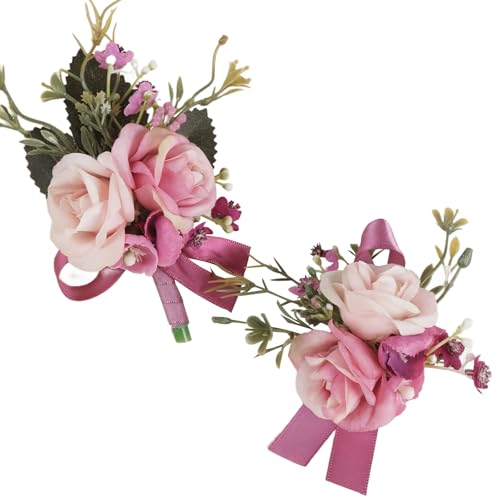 Alizeal 2Pcs of Wrist Corsage and Boutonniere Set, Artificial Flowers Accessories Suit Decor for Wedding Prom Party Homecoming Ceremony, Light Pink+Coral - color: 701-light Pink+coral
