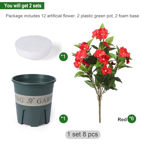 Artificial Flowers for Outdoors, 2 Set Fake Potted Flowers 12 Bundles UV Resistant Realistic Silk Faux Impatiens with Pot for Outside Balcony Garden Window Box, Red - color: Impatiens-red