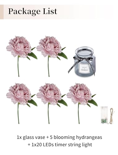 BLOSMON Pink Artificial Flowers in Vase: Fake Hydrangea with Gray Vase LED Light for Table Centerpieces Decor - Small Faux Arrangements Desk Vanity Bathroom Office Decoration (8.2" Height) - color: Pink