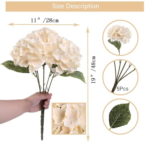 2Bouquets Artificial Fake Flowers Plants Silk Hydrangea Arrangements Wedding Bouquets Decorations Plastic Floral Home Kitchen Garden Party Festival Bar DIY (Cream,5 Flower Heads) - color: Cream，5 Flower Heads