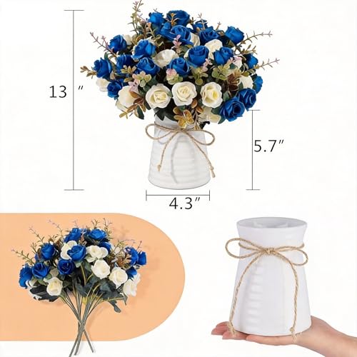 MOOMASS Lifelike Artificial Rose Bouquets and Ceramic vases, Fake Silk Roses, Suitable for Wedding, Dining Table, Office, Party and Home Decoration（Blue） - color: Navy Blue