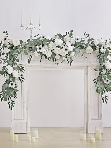 MISSPIN 8FT Eucalyptus and Willow Leaf Garland with Artificial Flowers Fake Flower Peony Rose Vine Greenery Decorative Wall Hanging Plant for Spring Wedding Arch Backdrop Door Arrangement Party Decor - color: White