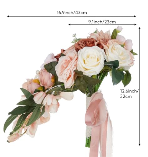 9.1Inch Peach Pink Cascading Bridal Bouquet for Bride Artificial Pink Rose Cascade Bridal Flower Bride Wedding Bouquet Peach Pink - color: Peach Pink