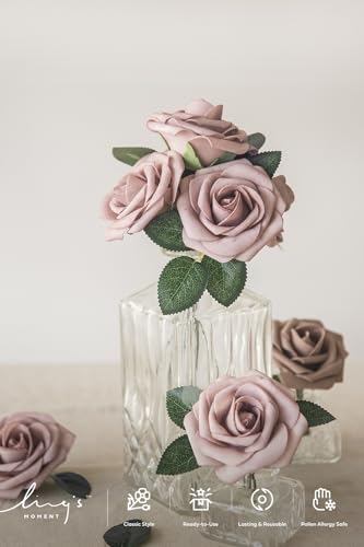 Ling's moment Artificial Flowers 50Pcs Dusty Rose Roses Decor w/Stems,3" DIY Foam Floral for Wedding Bouquet/Centerpieces, Outdoors Party Backdrop, Room/Table, and Garden/Pot Decorations - color: Pk- Dusty Rose, size: 50Pcs