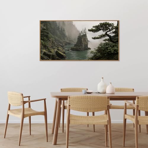 Rantodecor Coastal Forest Framed Canvas Wall Art, Pacific Northwest Coast landscape Wall Decor, Nature PNW Mountain Sea Art Paintings, Sage Green Pine Artwork for Bedroom Living Room Office 40"x20" - color: Coastal Forest, size: 40"L x 20"W