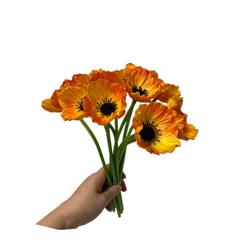 Rikyo 10 Stem 11inch Bouquets Artificial Flowers Poppy Flowers,Faux Anemone PU Fake Wild Flowers for Kitchen Table Centerpiece Vase,Home Wedding Holding Flowers Backdrop Arch Wall (Orange) - color: Orange