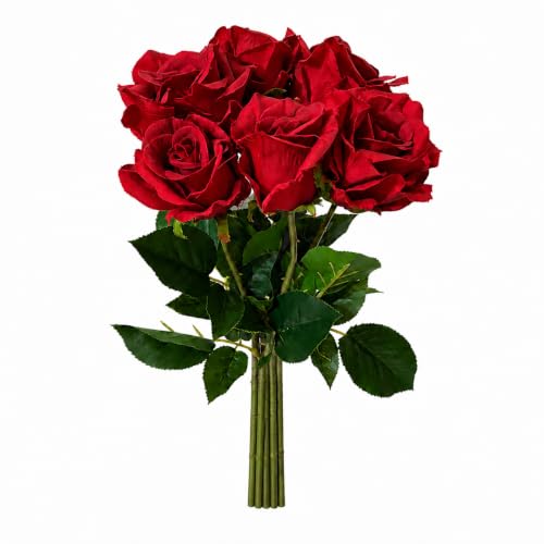 6 Stems Real Touch Artificial Roses, 22.5in Long Stem Faux Silk Rose Bouquet with 4in Blooms and 3in Buds, Red Fake Roses for Wedding Bouquets, Centerpieces, Vase and Home Decor - color: Red